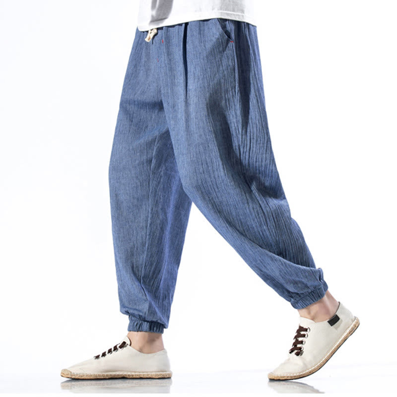 Buddha Stones Casual Solid Color Drawstring Linen Men's Pants With Pockets