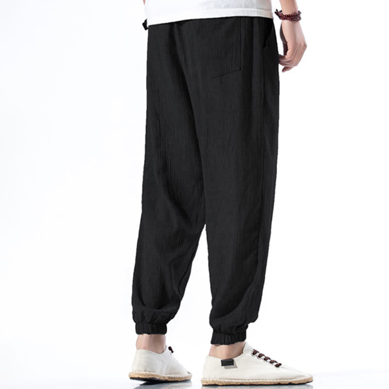 Buddha Stones Casual Solid Color Drawstring Linen Men's Pants With Pockets