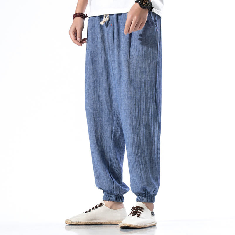 Buddha Stones Casual Solid Color Drawstring Linen Men's Pants With Pockets