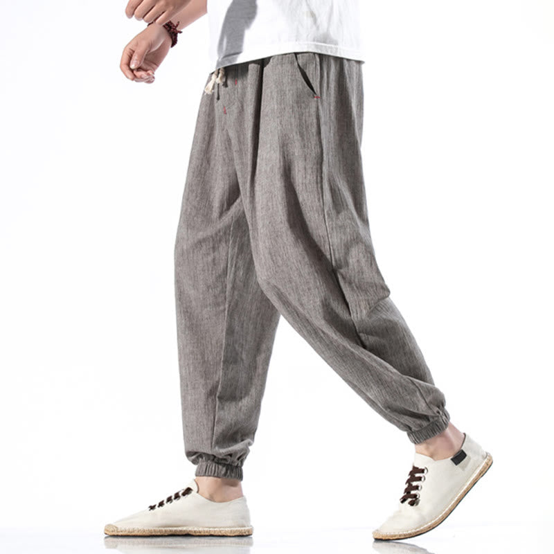 Buddha Stones Casual Solid Color Drawstring Linen Men's Pants With Pockets