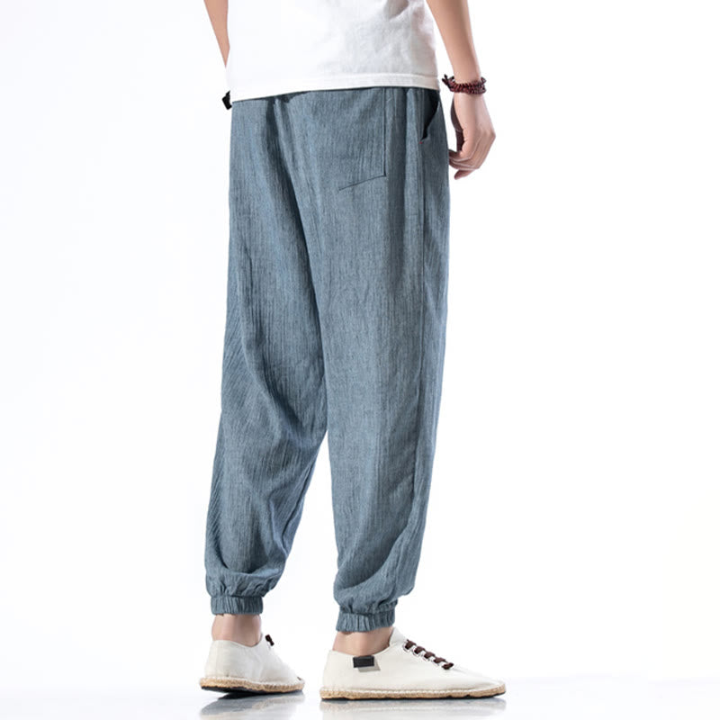 Buddha Stones Casual Solid Color Drawstring Linen Men's Pants With Pockets