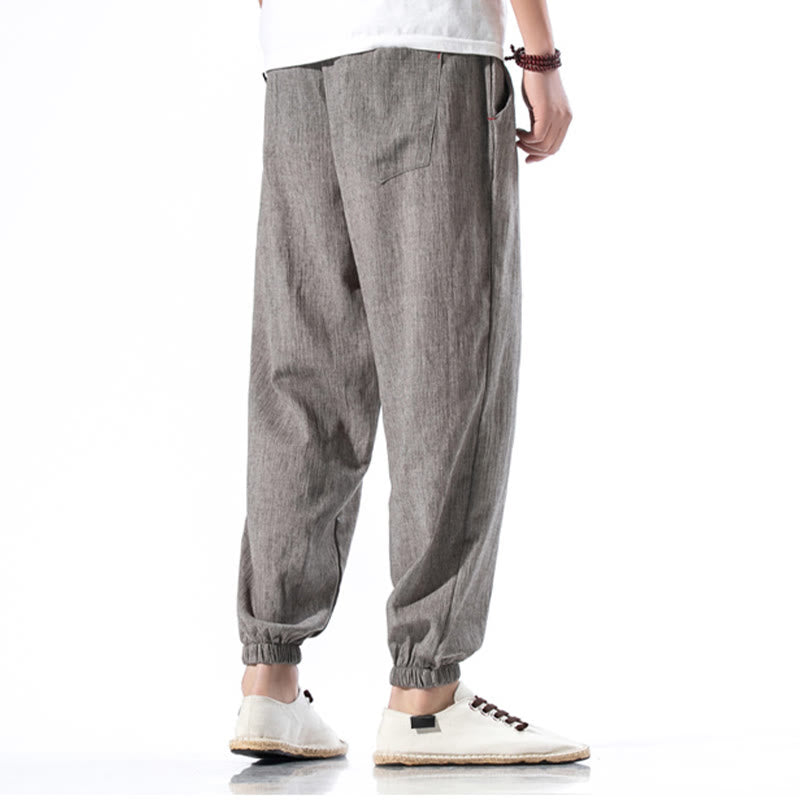 Buddha Stones Casual Solid Color Drawstring Linen Men's Pants With Pockets