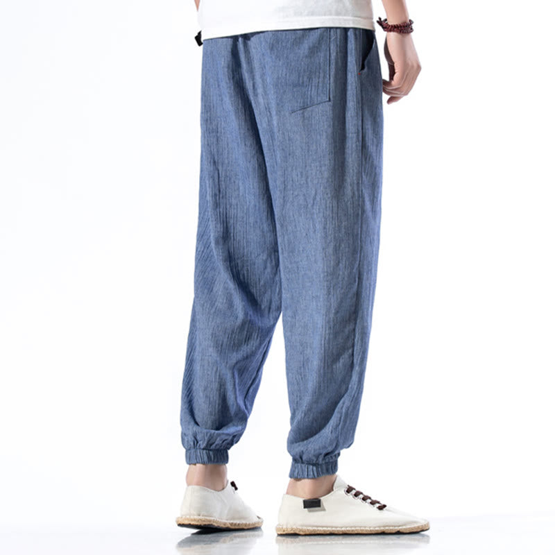 Buddha Stones Casual Solid Color Drawstring Linen Men's Pants With Pockets