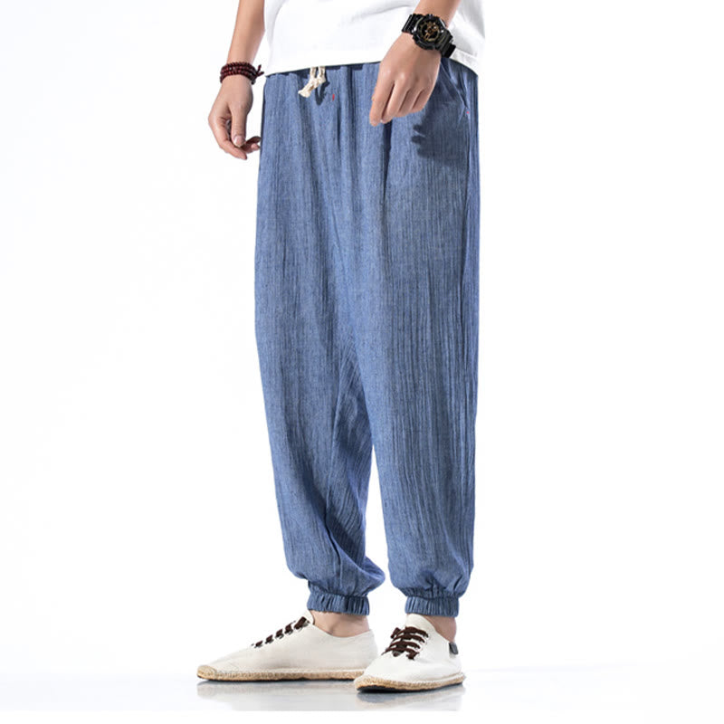 Buddha Stones Casual Solid Color Drawstring Linen Men's Pants With Pockets