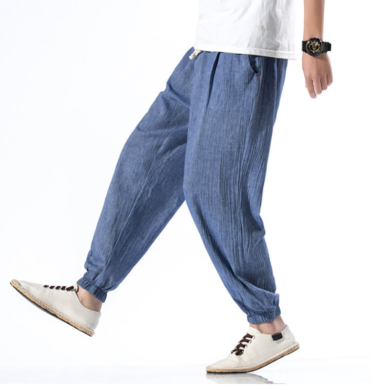 Buddha Stones Casual Solid Color Drawstring Linen Men's Pants With Pockets