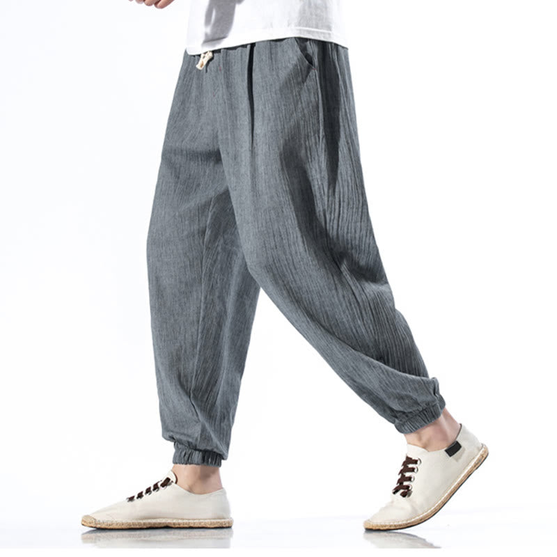 Buddha Stones Casual Solid Color Drawstring Linen Men's Pants With Pockets - image 25