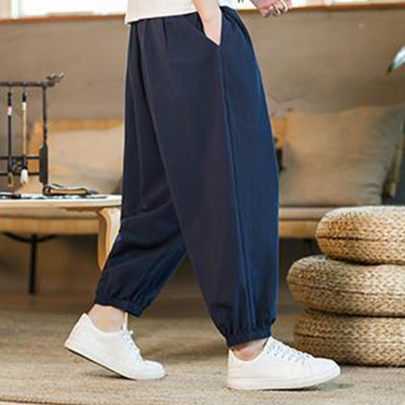 Buddha Stones Plain Color Red Drawstring Linen Men's  Pants With Pockets - image 37