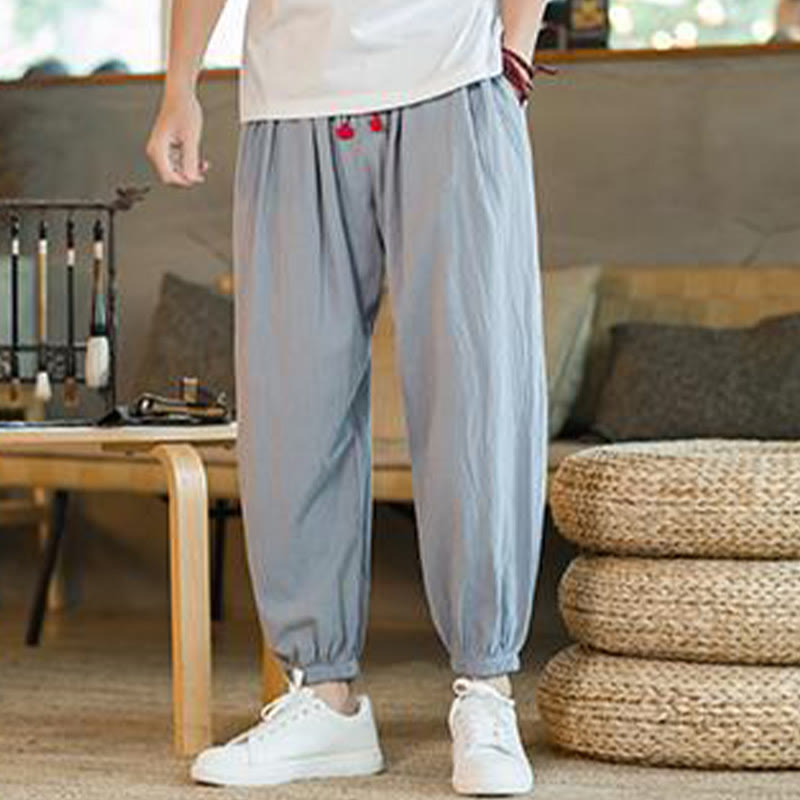 Buddha Stones Plain Color Red Drawstring Linen Men's  Pants With Pockets