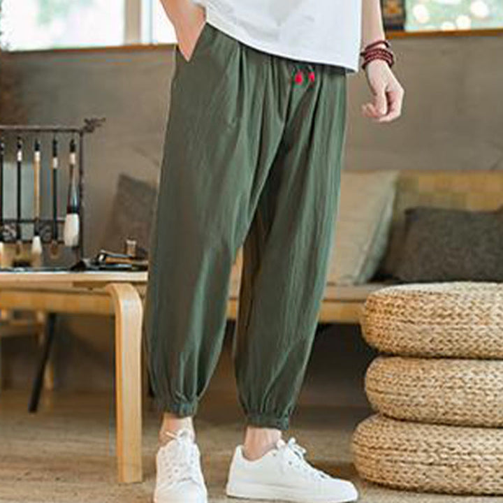 Buddha Stones Plain Color Red Drawstring Linen Men's  Pants With Pockets - image 4