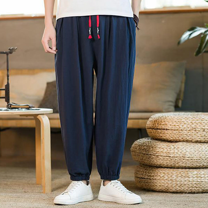 Buddha Stones Plain Color Red Drawstring Linen Men's  Pants With Pockets - DarkBlue - US/UK/AU46，EU56 (5XL)  - image 30