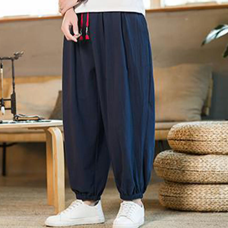 Buddha Stones Plain Color Red Drawstring Linen Men's  Pants With Pockets - image 32