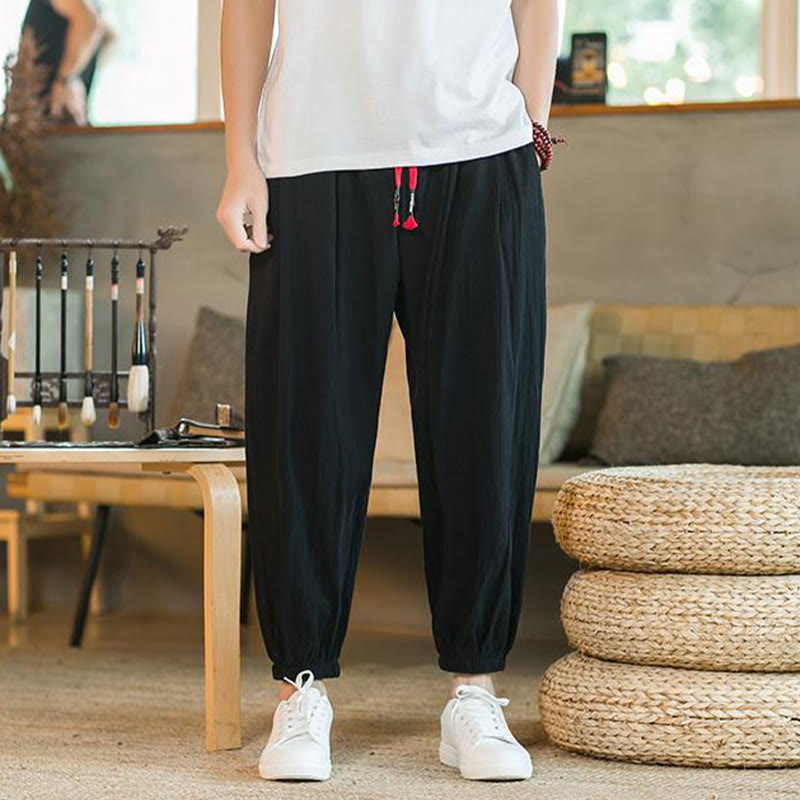 Buddha Stones Plain Color Red Drawstring Linen Men's  Pants With Pockets - Black - US/UK/AU46，EU56 (5XL)  - image 12