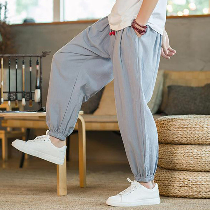 Buddha Stones Plain Color Red Drawstring Linen Men's  Pants With Pockets - image 25