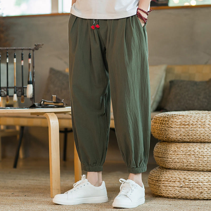 Buddha Stones Plain Color Red Drawstring Linen Men's  Pants With Pockets - image 2