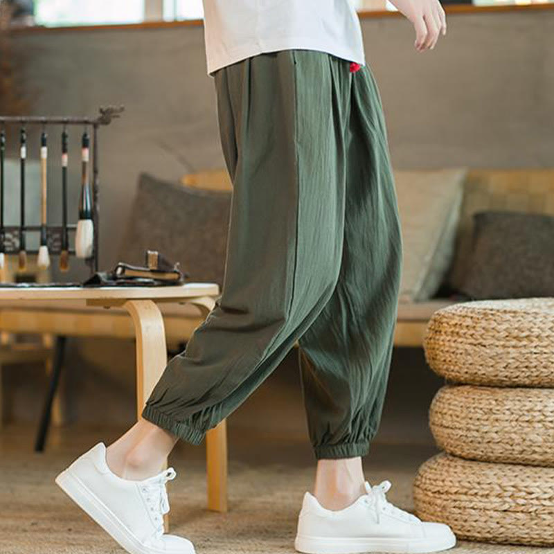 Buddha Stones Plain Color Red Drawstring Linen Men's  Pants With Pockets - image 7