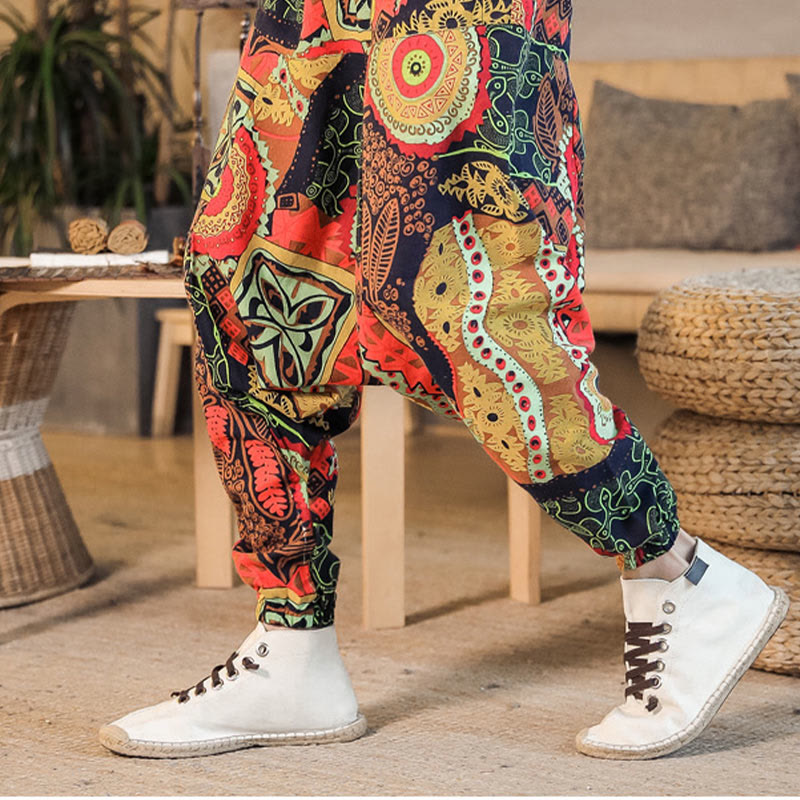 Buddha Stones Red Gold Casual Leaves Print Cotton Men's Harem Pants With Pockets - image 4