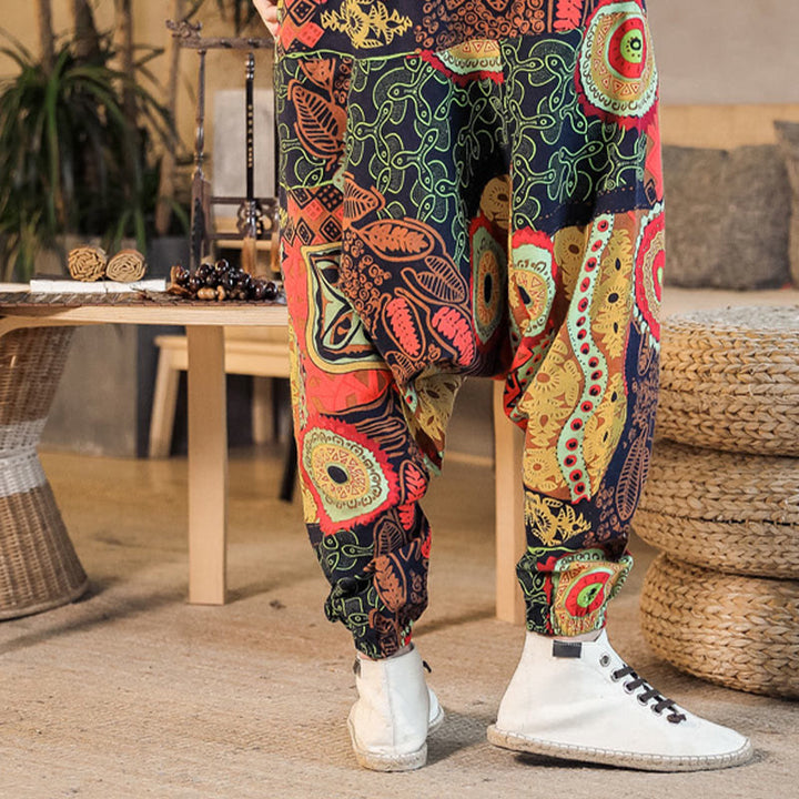 Buddha Stones Red Gold Casual Leaves Print Cotton Men's Harem Pants With Pockets