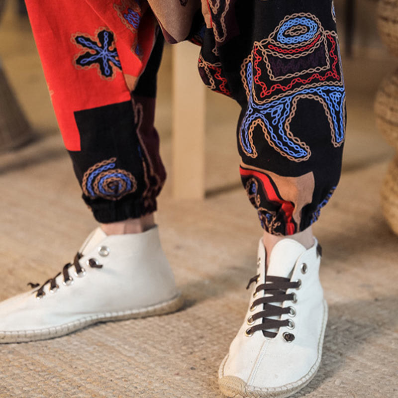 Buddha Stones Grid Flower Print Cotton Men's Harem Pants With Pockets - image 10