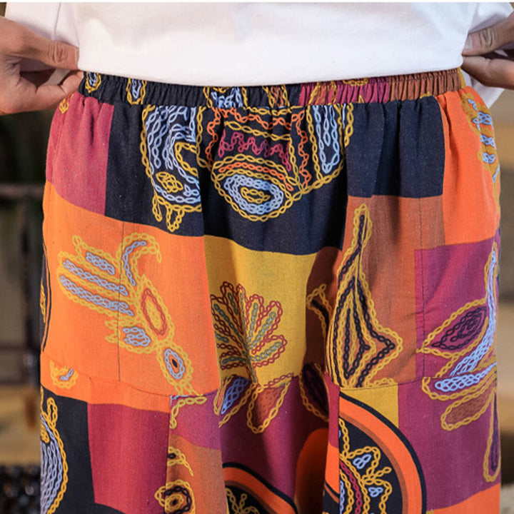 Buddha Stones Grid Flower Print Cotton Men's Harem Cropped Pants With Pockets - image 20