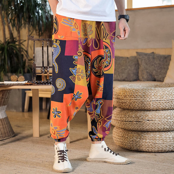 Buddha Stones Grid Flower Print Cotton Men's Harem Cropped Pants With Pockets - image 12