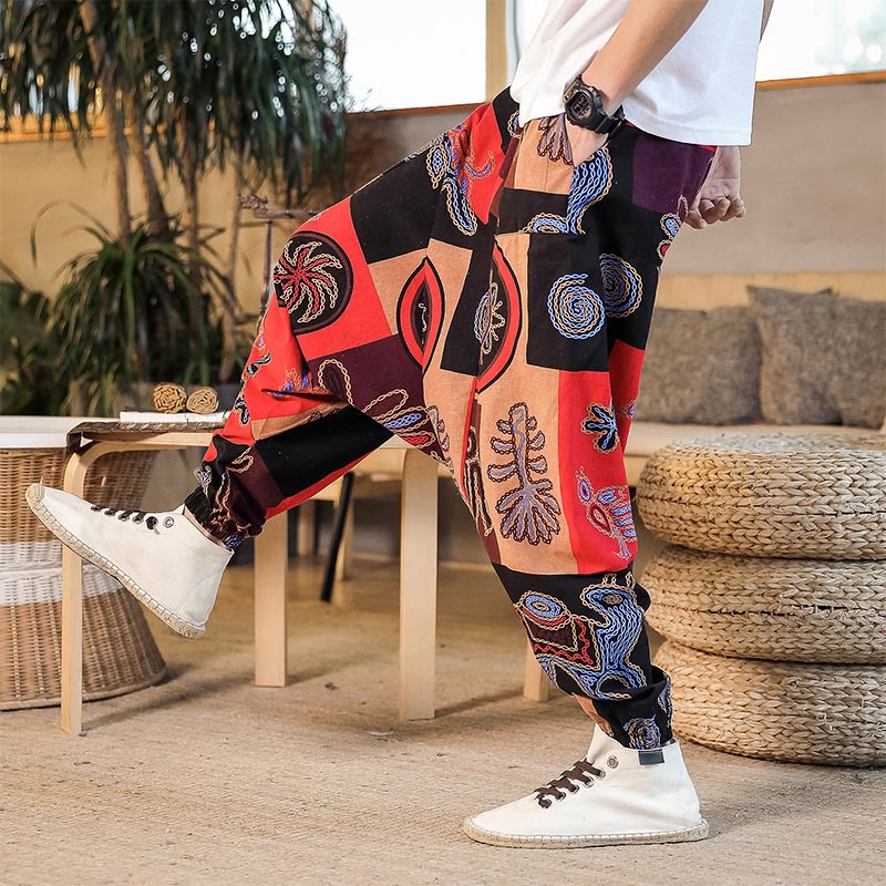Buddha Stones Grid Flower Print Cotton Men's Harem Cropped Pants With Pockets - image 4