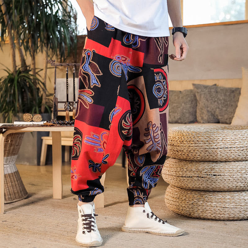 Buddha Stones Grid Flower Print Cotton Men's Harem Cropped Pants With Pockets - image 5
