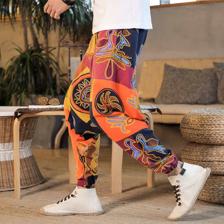 Buddha Stones Grid Flower Print Cotton Men's Harem Cropped Pants With Pockets - DarkOrange - US/UK/AU42，EU52 (3XL) - image 11