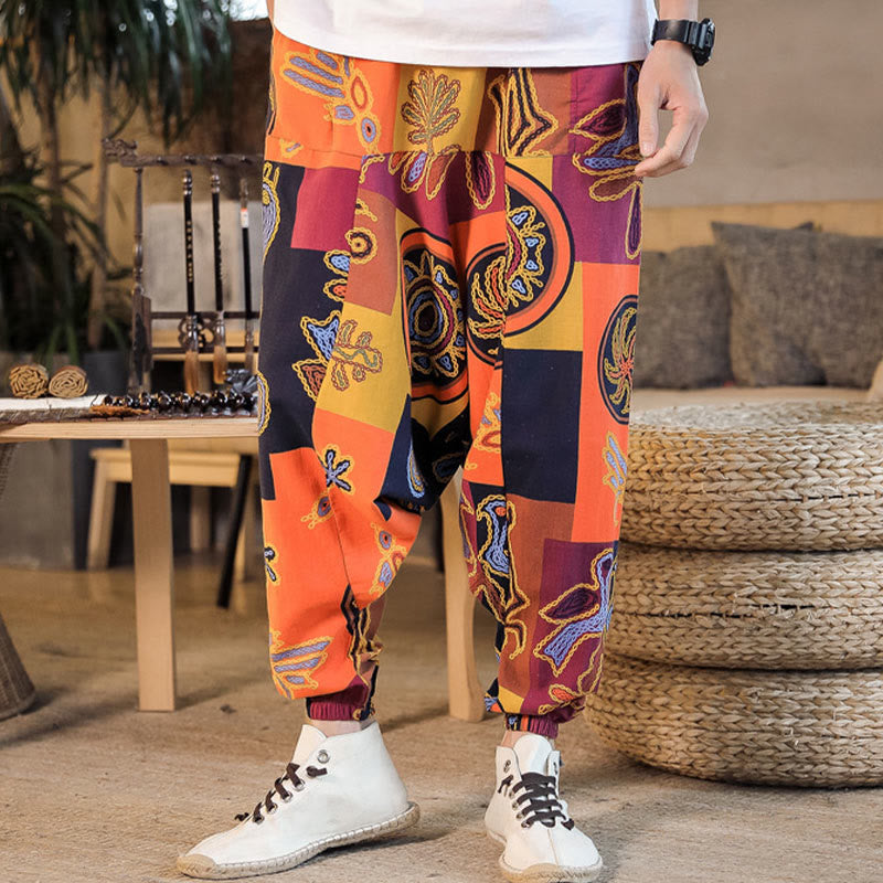 Buddha Stones Grid Flower Print Cotton Men's Harem Cropped Pants With Pockets - image 13