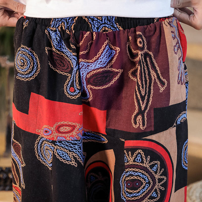 Buddha Stones Grid Flower Print Cotton Men's Harem Cropped Pants With Pockets - image 9