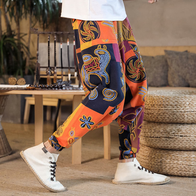 Buddha Stones Grid Flower Print Men's Harem Cropped Pants With Pockets - image 17
