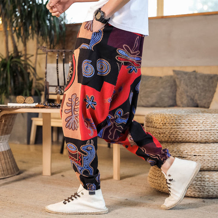 Buddha Stones Grid Flower Print Cotton Men's Harem Pants With Pockets - Red - US/UK/AU42，EU52 (3XL) - image 0