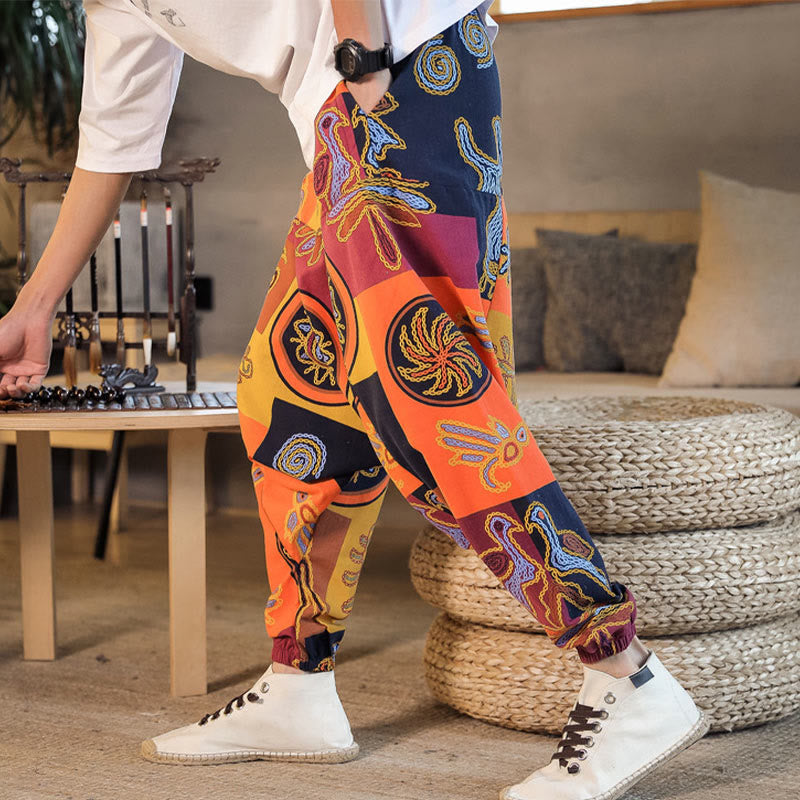 Buddha Stones Grid Flower Print Cotton Men's Harem Cropped Pants With Pockets - image 14