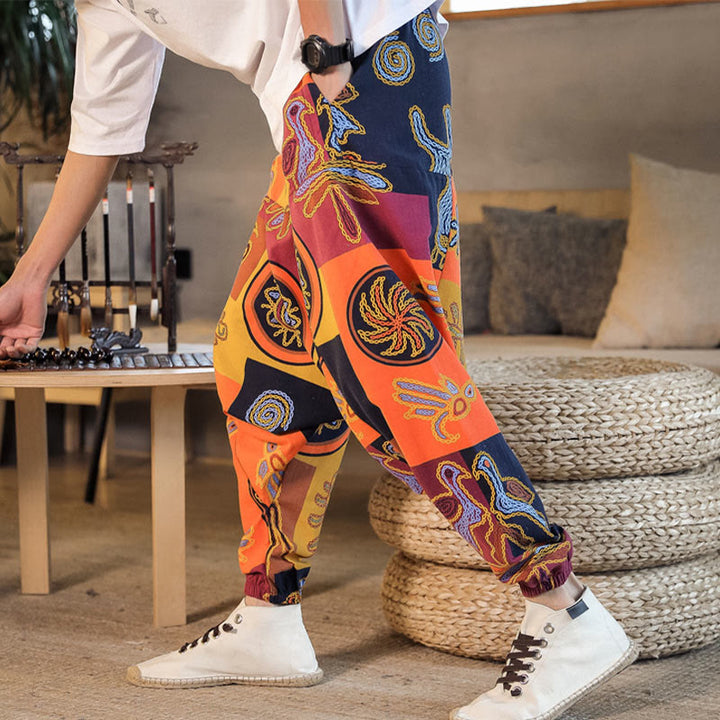 Buddha Stones Grid Flower Print Cotton Men's Harem Cropped Pants With Pockets - image 14
