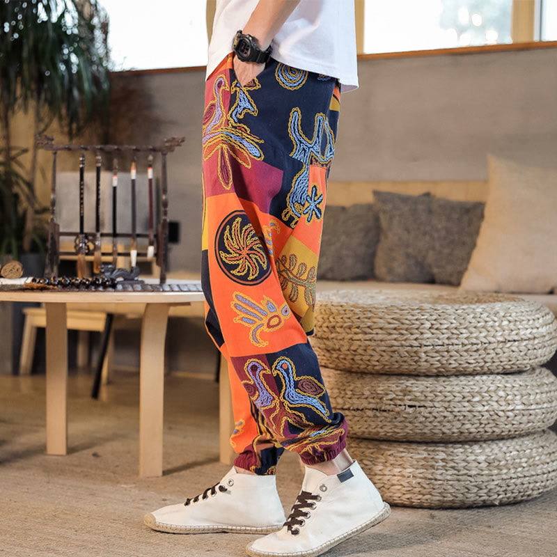 Buddha Stones Grid Flower Print Cotton Men's Harem Cropped Pants With Pockets - image 16