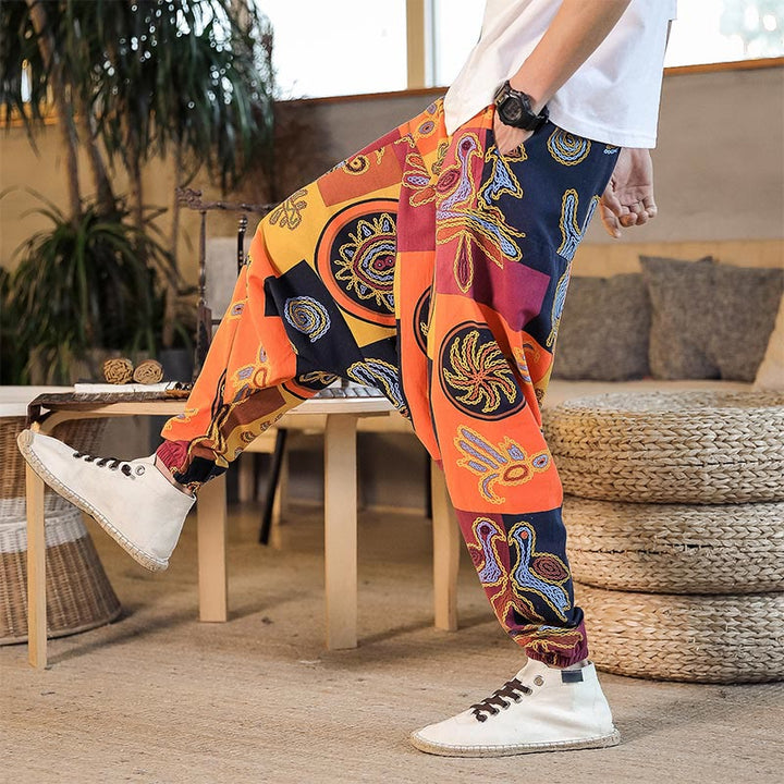 Buddha Stones Grid Flower Print Cotton Men's Harem Cropped Pants With Pockets - image 15