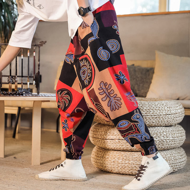 Buddha Stones Grid Flower Print Cotton Men's Harem Cropped Pants With Pockets - image 3