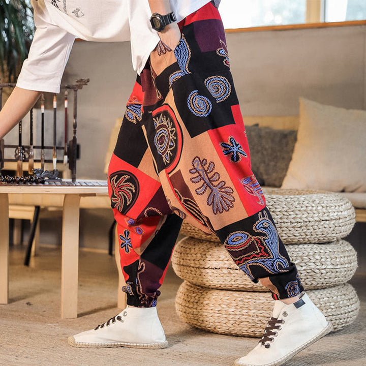 Buddha Stones Grid Flower Print Cotton Men's Harem Cropped Pants With Pockets - image 3