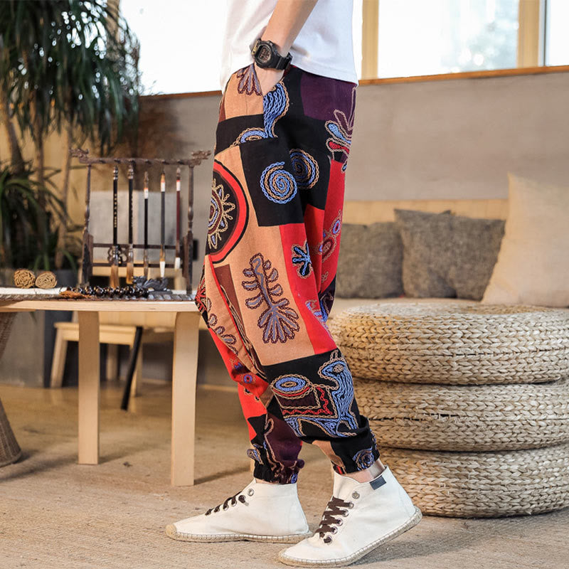 Buddha Stones Grid Flower Print Cotton Men's Harem Pants With Pockets - image 2