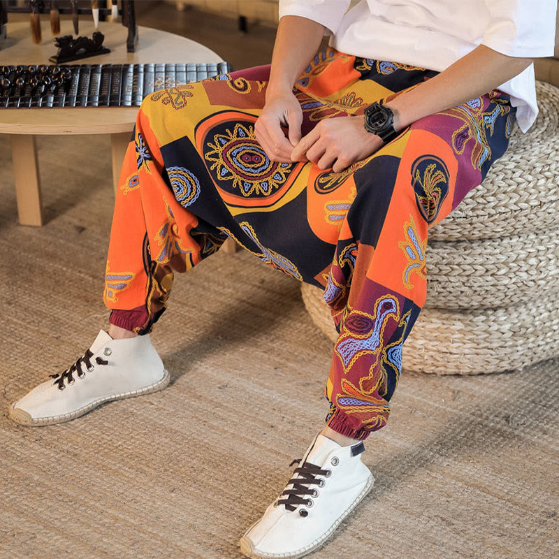 Buddha Stones Grid Flower Print Cotton Men's Harem Cropped Pants With Pockets - image 18