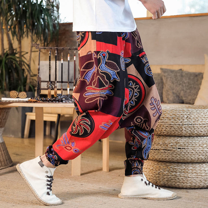 Buddha Stones Grid Flower Print Cotton Men's Harem Cropped Pants With Pockets - image 6