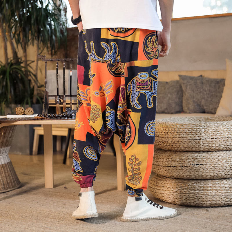 Buddha Stones Grid Flower Print Men's Harem Cropped Pants With Pockets - image 19