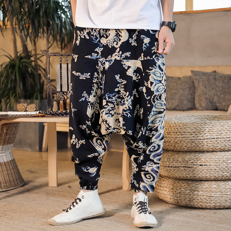 Buddha Stones Chinese Dragon Pattern Cotton Men's Harem Pants With Pockets