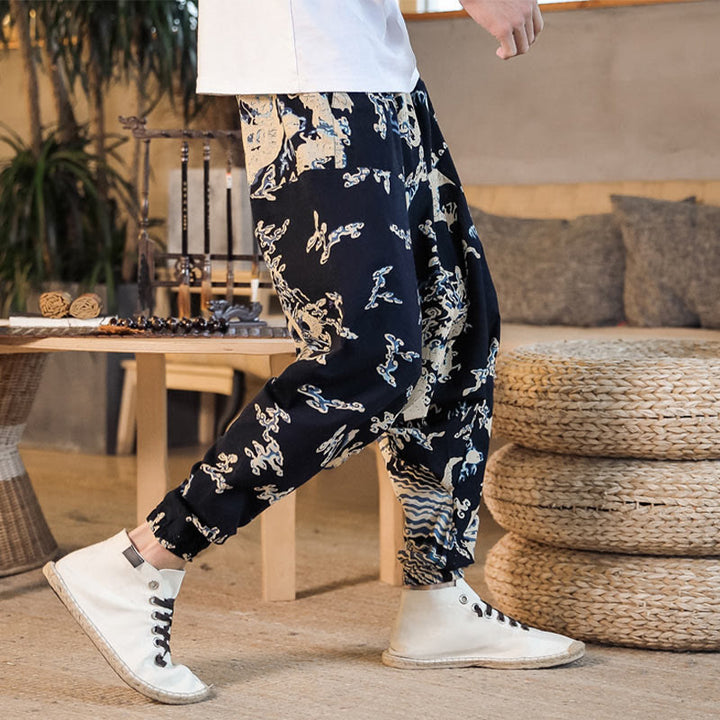 Buddha Stones Chinese Dragon Pattern Cotton Men's Harem Pants With Pockets - image 7