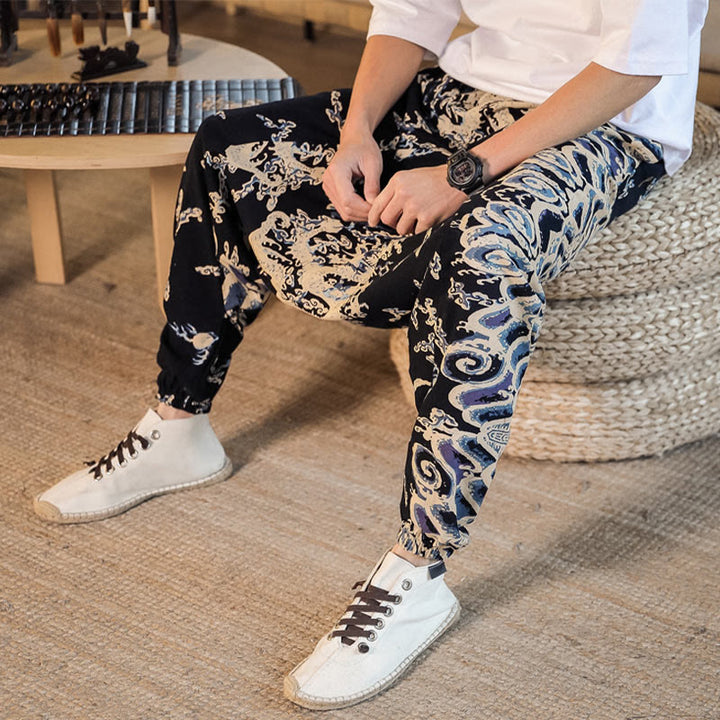 Buddha Stones Chinese Dragon Pattern Cotton Men's Harem Pants With Pockets - image 8