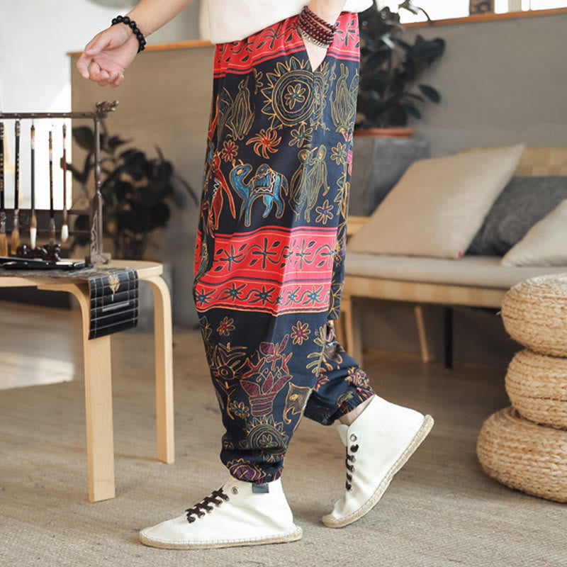 Buddha Stones Colorful Camel Figure Pattern Cotton Men's Harem Pants With Pockets