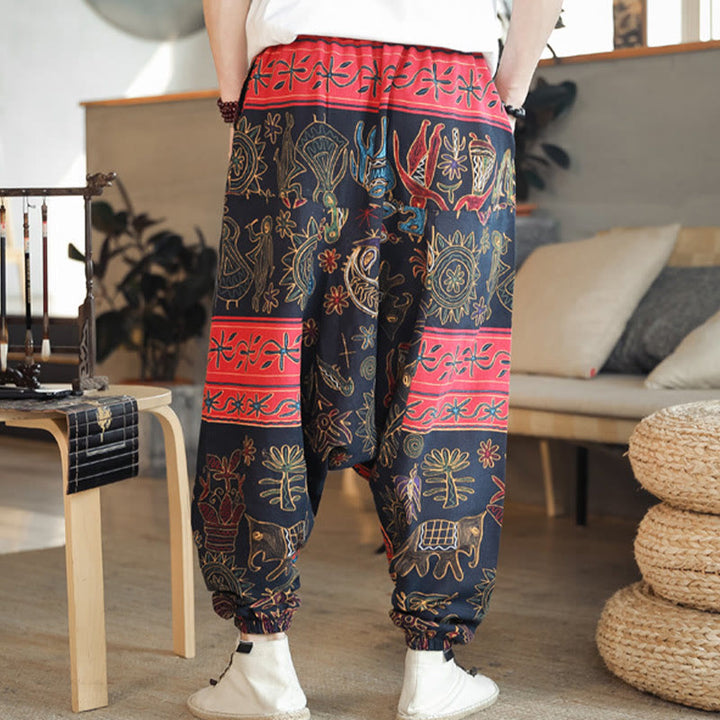 Buddha Stones Colorful Camel Figure Pattern Cotton Men's Harem Pants With Pockets