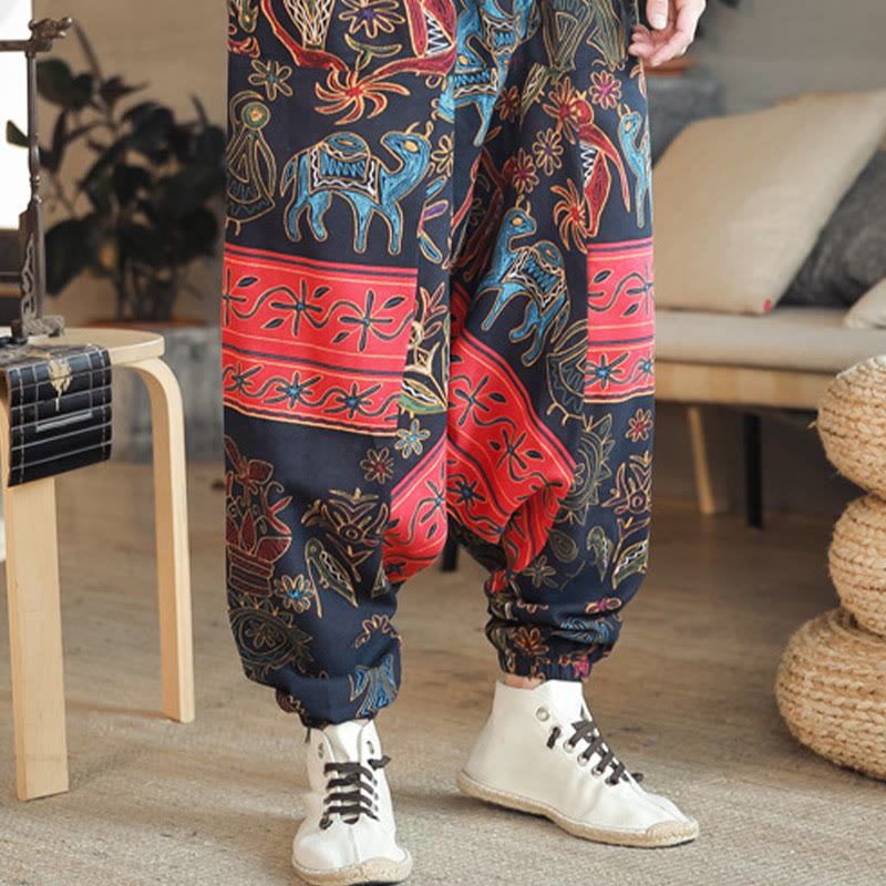 Buddha Stones Colorful Camel Figure Pattern Cotton Men's Harem Pants With Pockets