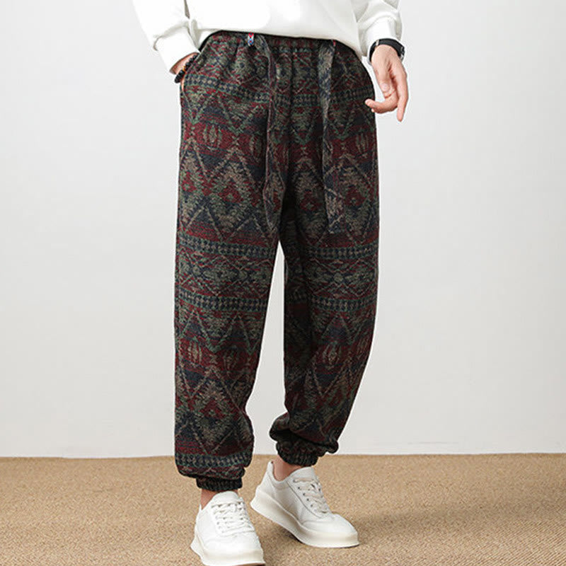 Buddha Stones Ethnic Jacquard Knitting Drawstring Men's Pants With Pockets