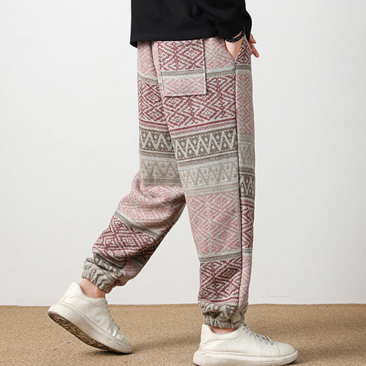 Buddha Stones Ethnic Jacquard Knitting Drawstring Men's Pants With Pockets