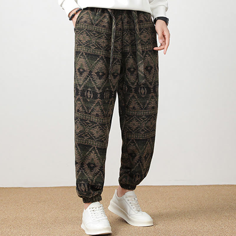 Buddha Stones Ethnic Jacquard Knitting Drawstring Men's Pants With Pockets